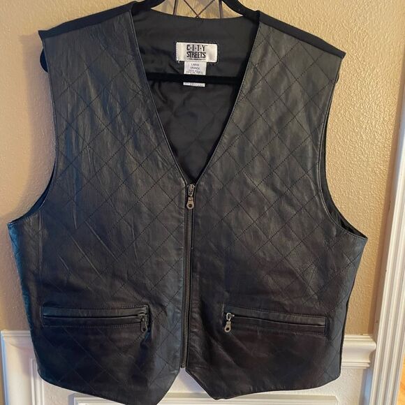 City Streets Men’s Black Leather Zip Up Vest L Vintage - Picture 1 of 13